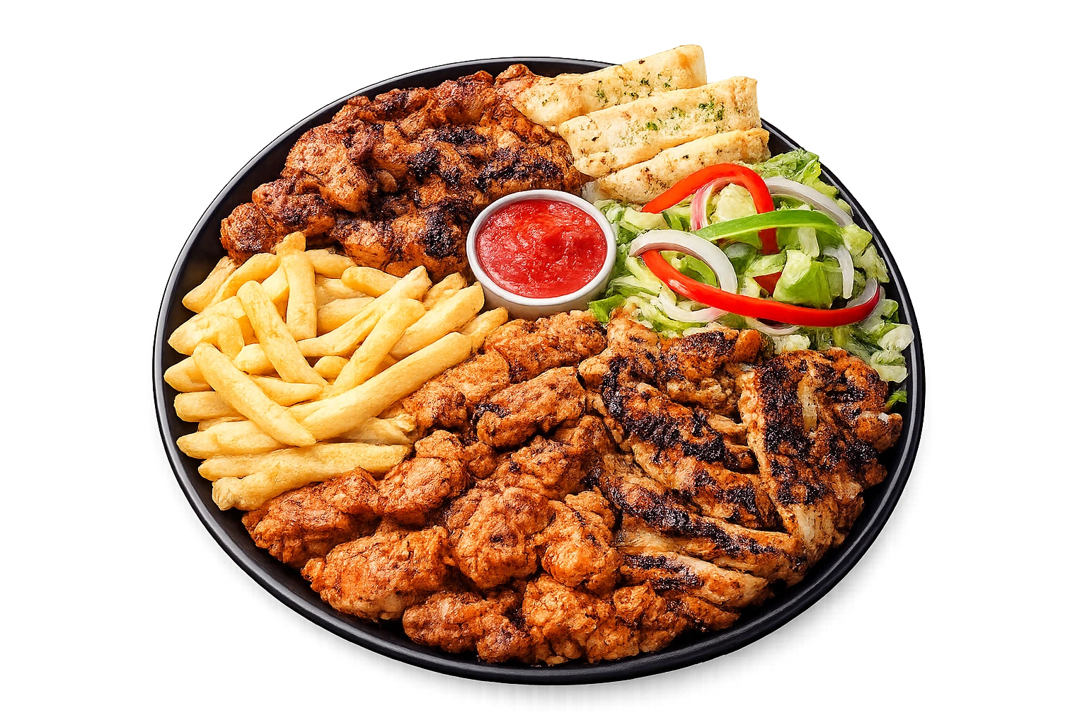 A Pogo's sharing platter: flame-grilled chicken pieces, hand-cut chips, garlic pita, salad and a pot of dip.